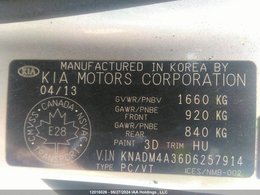 2013 Kia Rio VIN: KNADM4A36D6257914 Lot: 12015026