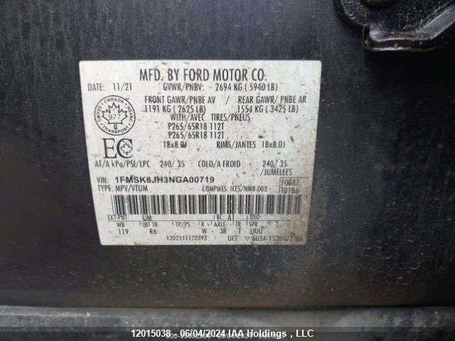 2022 Ford Explorer Timberline VIN: 1FMSK8JH3NGA00719 Lot: 12015038