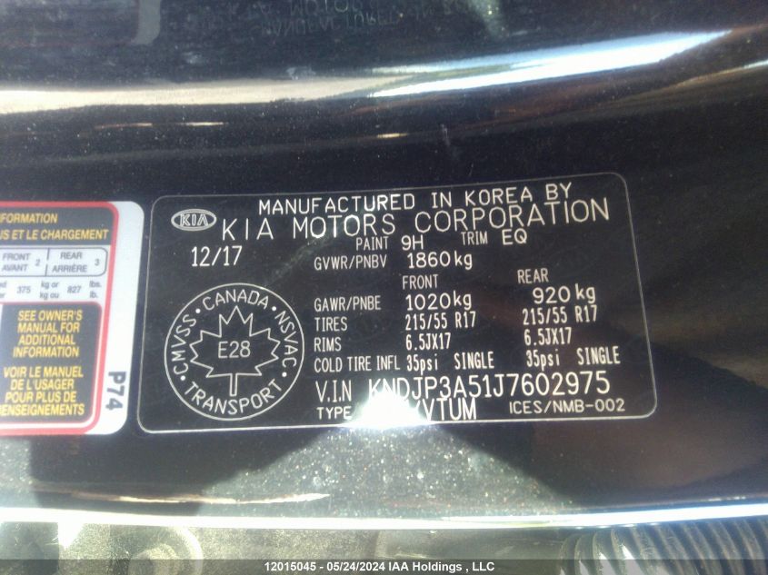 2018 Kia Soul VIN: KNDJP3A51J7602975 Lot: 12015045