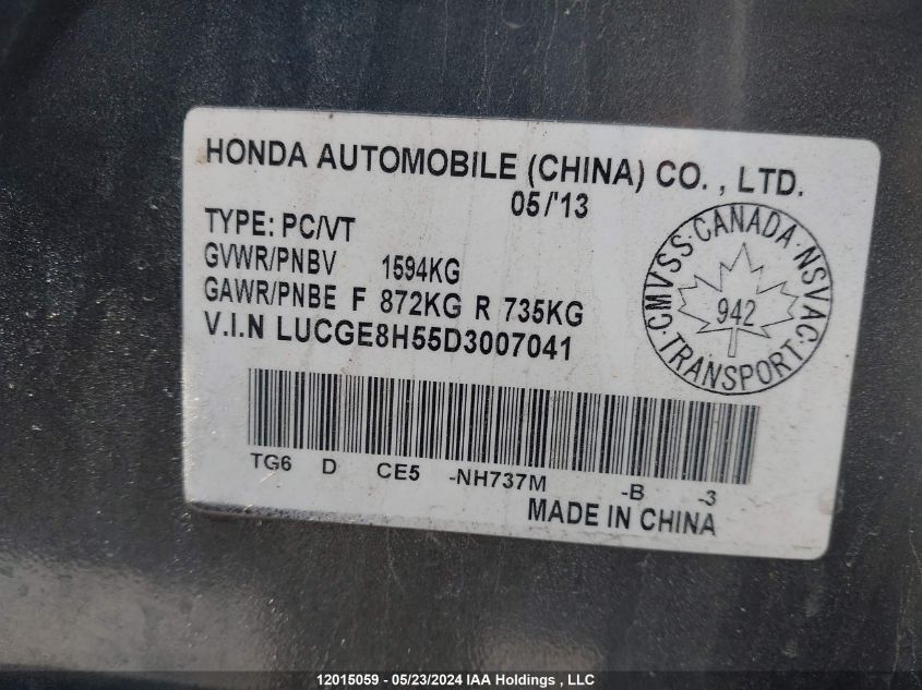 2013 Honda Fit Lx VIN: LUCGE8H55D3007041 Lot: 12015059