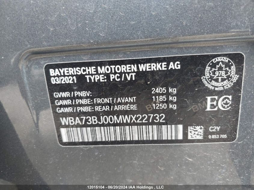 2021 BMW 5 Series VIN: WBA73BJ00MWX22732 Lot: 12015104