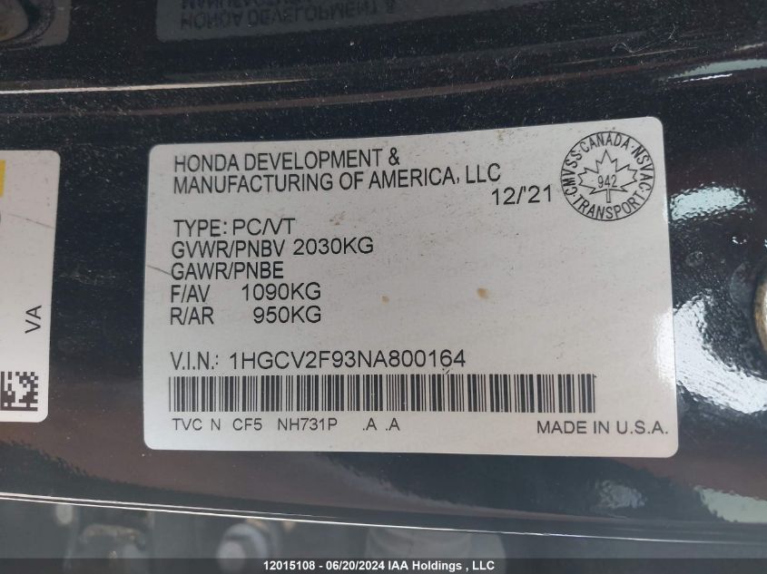 2022 Honda Accord Sedan VIN: 1HGCV2F93NA800164 Lot: 12015108