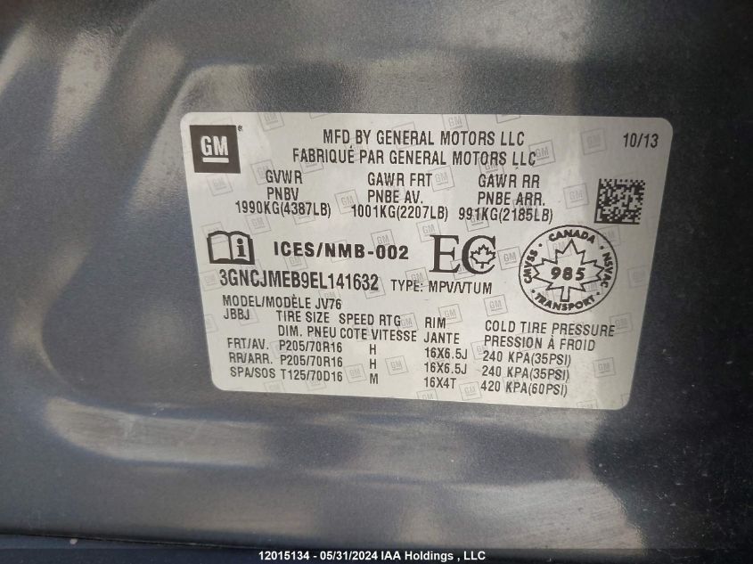 2014 Chevrolet Trax VIN: 3GNCJMEB9EL141632 Lot: 12015134