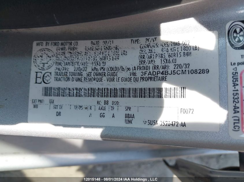 2012 Ford Fiesta Se VIN: 3FADP4BJ5CM108289 Lot: 12015148