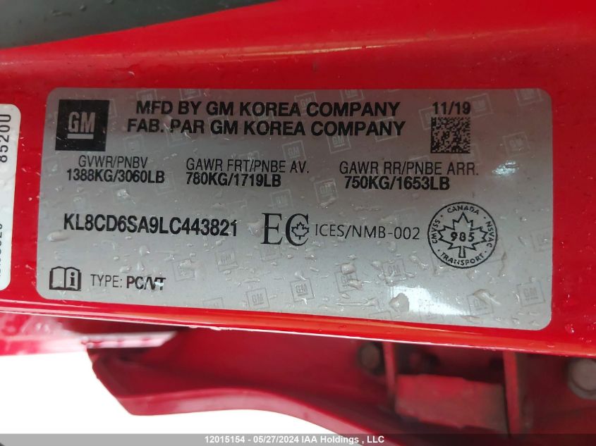 2020 Chevrolet Spark VIN: KL8CD6SA9LC443821 Lot: 12015154