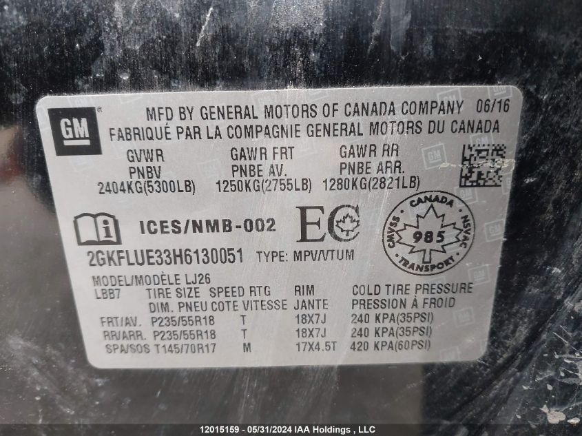 2017 GMC Terrain VIN: 2GKFLUE33H6130051 Lot: 12015159