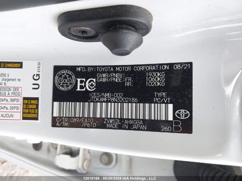 2022 Toyota Prius Prime Le/Xle/Limited VIN: JTDKAMFP8N3202186 Lot: 12015168