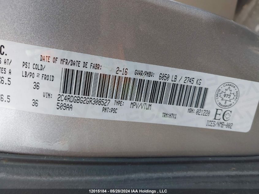 2016 Dodge Grand Caravan Se/Sxt VIN: 2C4RDGBG2GR308527 Lot: 12015184