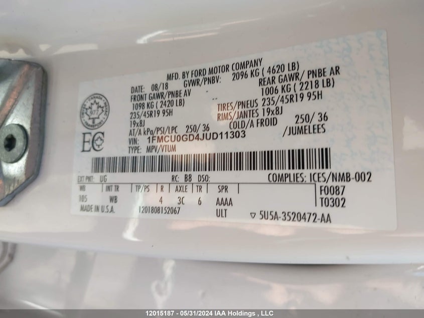 2018 Ford Escape Se VIN: 1FMCU0GD4JUD11303 Lot: 12015187