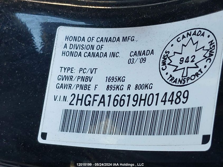 2009 Honda Civic Sdn VIN: 2HGFA16619H014489 Lot: 12015199