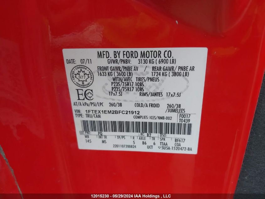 2011 Ford F150 Super Cab VIN: 1FTEX1EM2BFC21912 Lot: 12015230