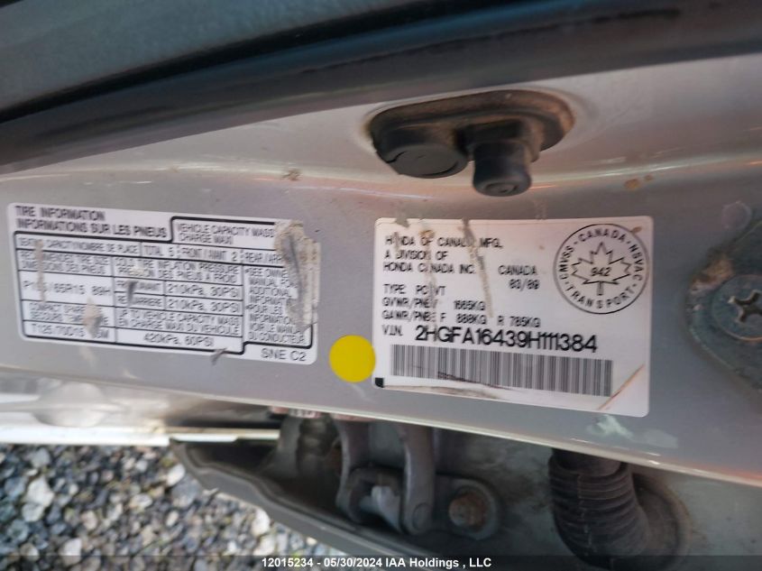 2009 Honda Civic Sdn VIN: 2HGFA16439H111384 Lot: 12015234