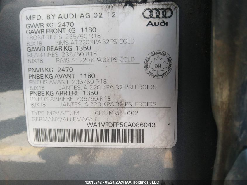 2012 Audi Q5 Prestige VIN: WA1VFDFP5CA086043 Lot: 12015242