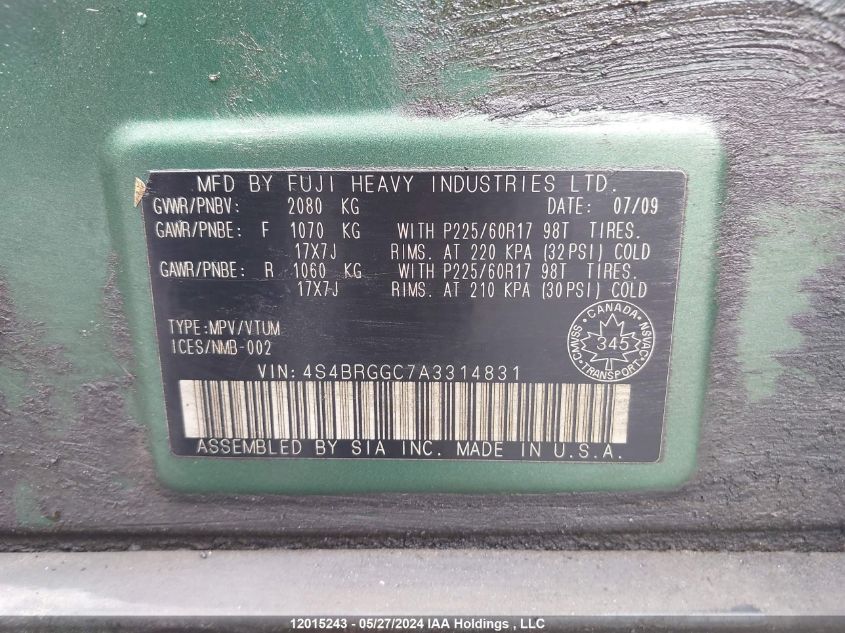 2010 Subaru Legacy Outback 2.5I VIN: 4S4BRGGC7A3314831 Lot: 12015243