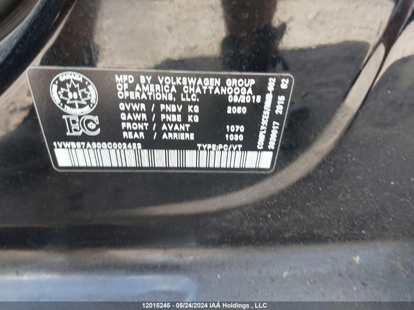 2016 Volkswagen Passat VIN: 1VWBS7A30GC002423 Lot: 12015245