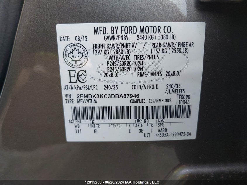 2013 Ford Edge VIN: 2FMDK3KC3DBA87946 Lot: 12015250