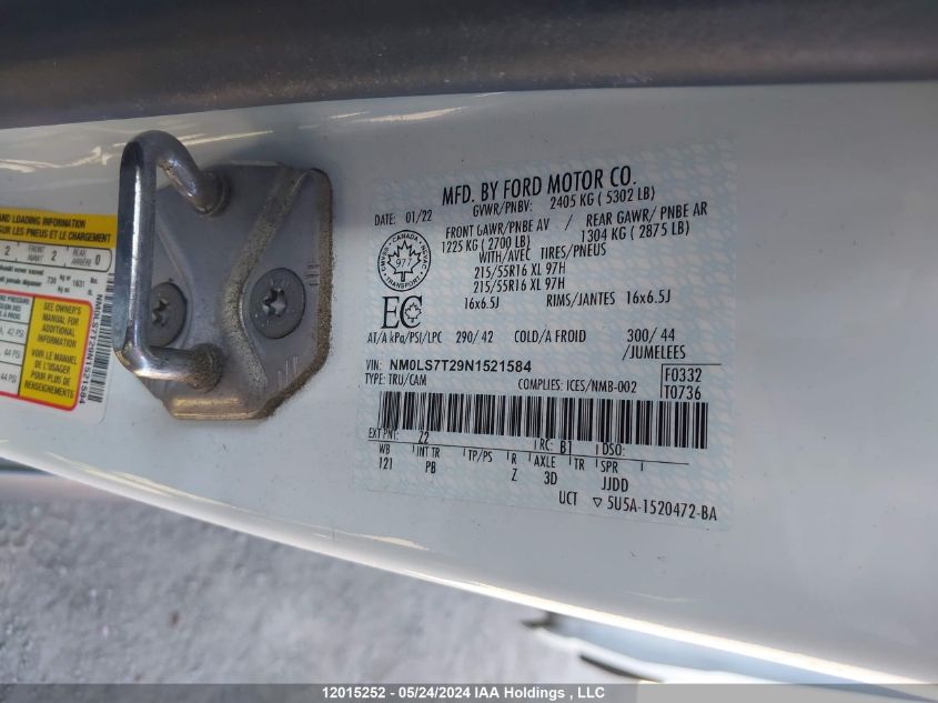 2022 Ford Transit Connect Xlt VIN: NM0LS7T29N1521584 Lot: 12015252