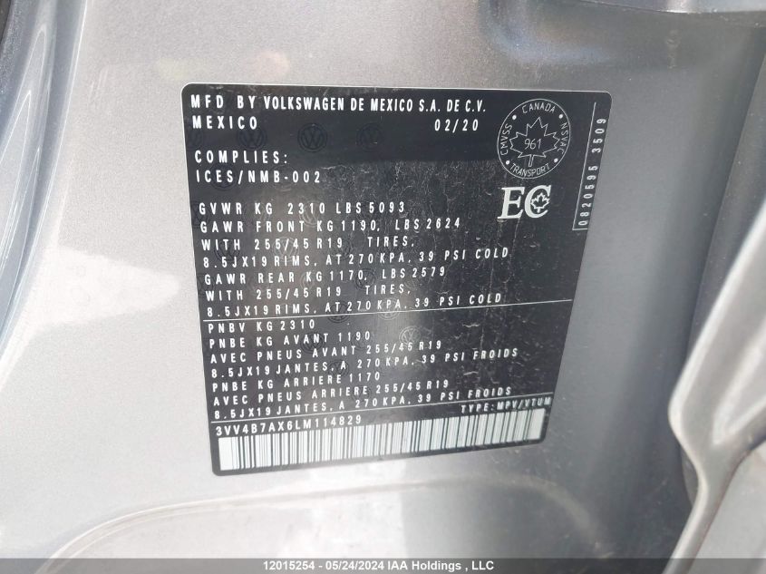 2020 Volkswagen Tiguan Sel Premium R-Line VIN: 3VV4B7AX6LM114829 Lot: 12015254