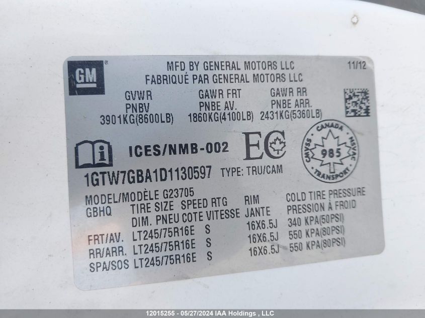 2013 GMC Savana Cargo Van VIN: 1GTW7GBA1D1130597 Lot: 12015255