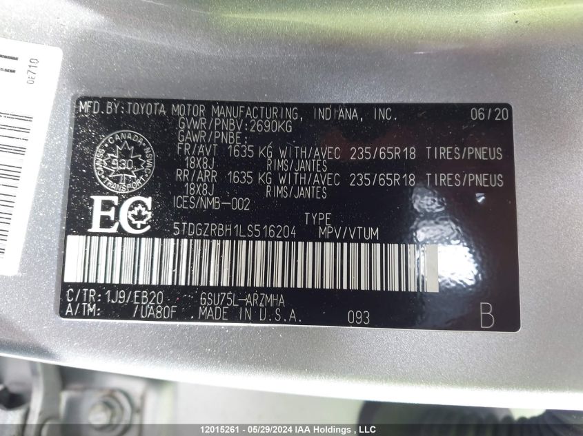 2020 Toyota Highlander VIN: 5TDGZRBH1LS516204 Lot: 12015261