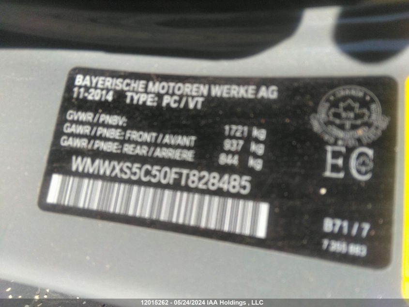 2015 Mini Cooper Hardtop 5 Door VIN: WMWXS5C50FT828485 Lot: 12015262