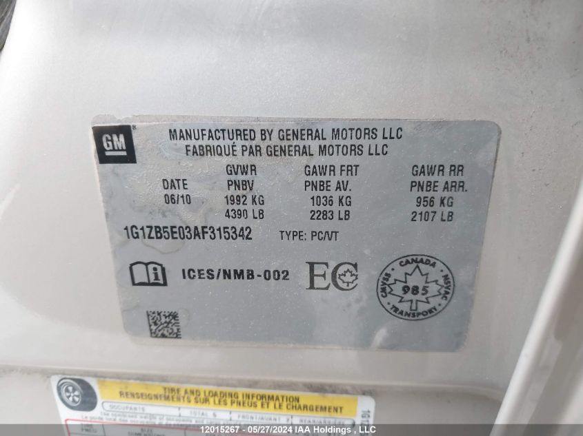 2010 Chevrolet Malibu Ls VIN: 1G1ZB5E03AF315342 Lot: 12015267