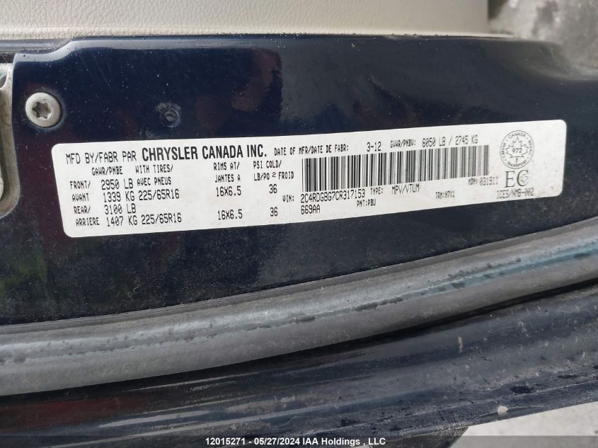 2012 Dodge Grand Caravan Se VIN: 2C4RDGBG7CR317153 Lot: 12015271