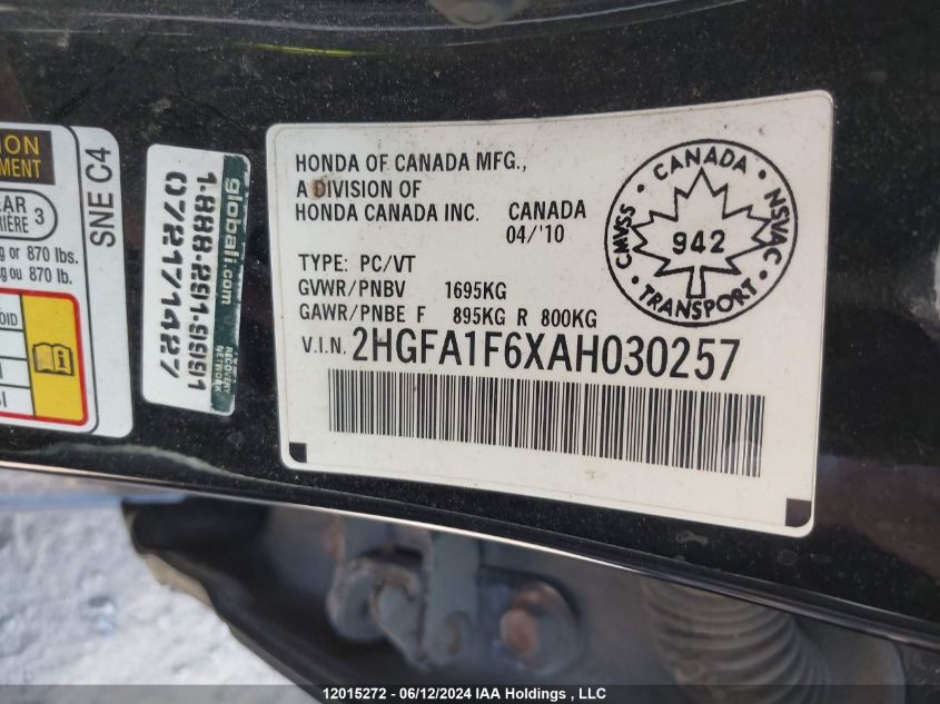 2010 Honda Civic Lx-S VIN: 2HGFA1F6XAH030257 Lot: 12015272