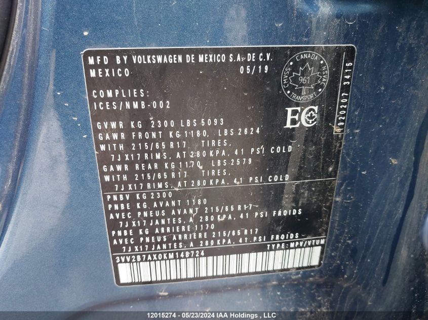 2019 Volkswagen Tiguan Se/Sel/Sel R-Line Jet-Black/Sel R-Line VIN: 3VV2B7AX0KM148724 Lot: 12015274