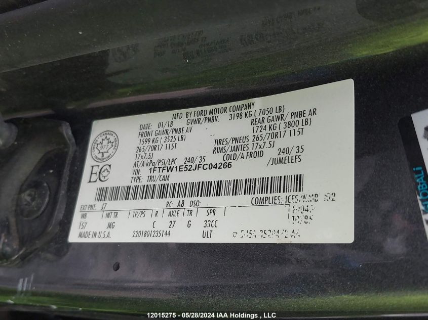 2018 Ford F-150 Xlt VIN: 1FTFW1E52JFC04266 Lot: 12015275