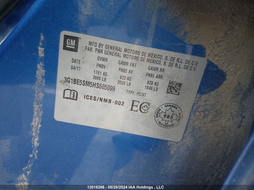 2017 Chevrolet Cruze VIN: 3G1BE5SM5HS605099 Lot: 12015286