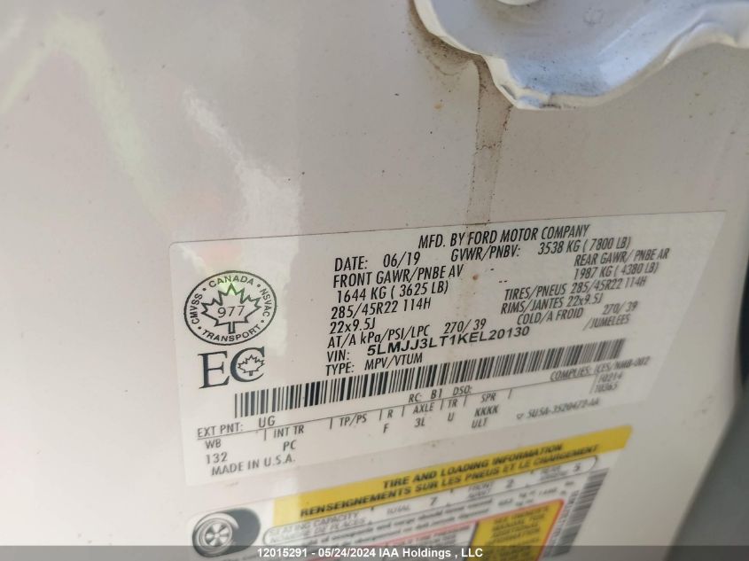 2019 Lincoln Navigator L Reserve VIN: 5LMJJ3LT1KEL20130 Lot: 12015291