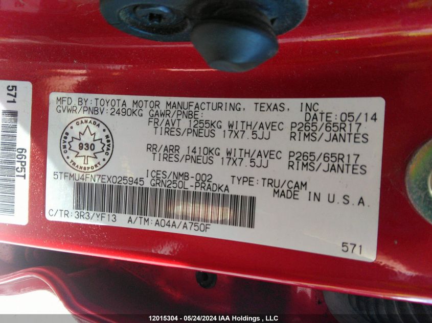 2014 Toyota Tacoma V6 VIN: 5TFMU4FN7EX025945 Lot: 12015304