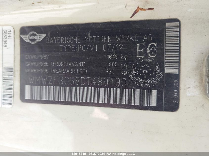 2013 Mini Cooper Clubman VIN: WMWZF3C58DT489490 Lot: 12015319