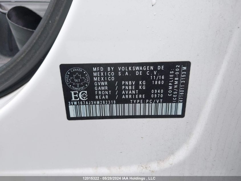 2017 Volkswagen Jetta S VIN: 3VW167AJ3HM282319 Lot: 12015322