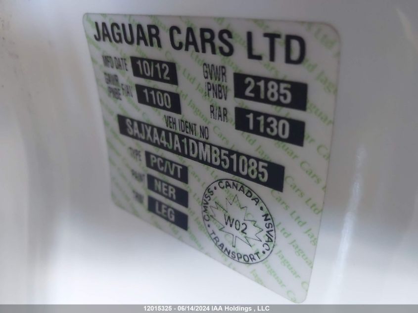 2013 Jaguar Xk VIN: SAJXA4JA1DMB51085 Lot: 12015325