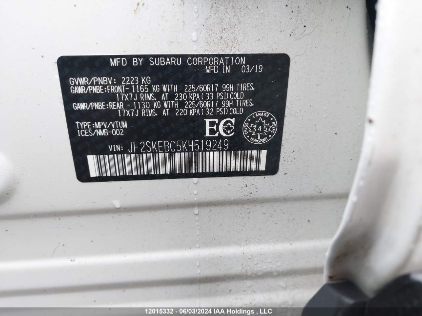 2019 Subaru Forester VIN: JF2SKEBC5KH519249 Lot: 12015332