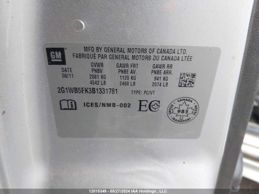 2011 Chevrolet Impala VIN: 2G1WB5EK3B1331781 Lot: 12015349