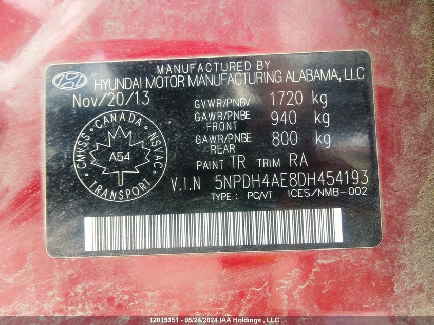 2013 Hyundai Elantra Gls/Limited VIN: 5NPDH4AE8DH454193 Lot: 12015351