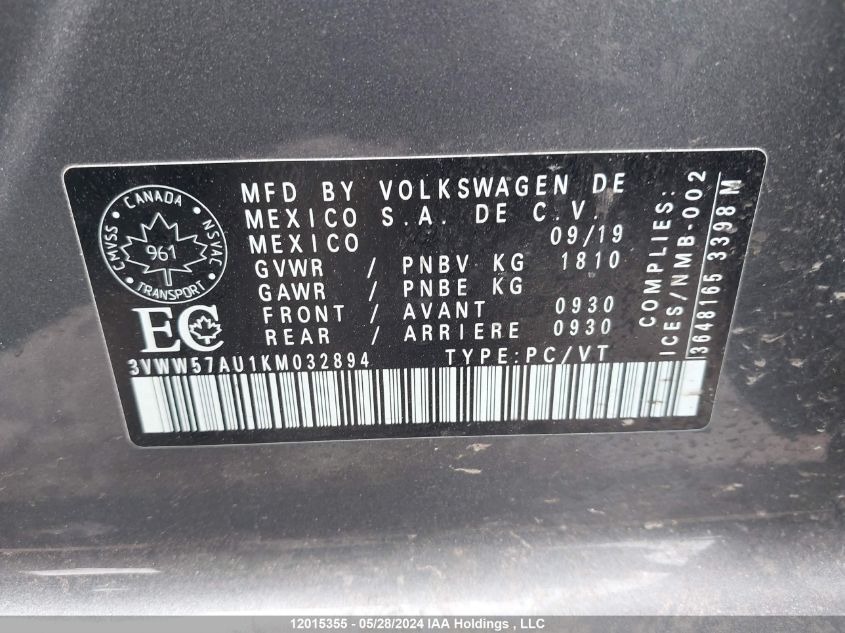 2019 Volkswagen Golf S/Se VIN: 3VWW57AU1KM032894 Lot: 12015355