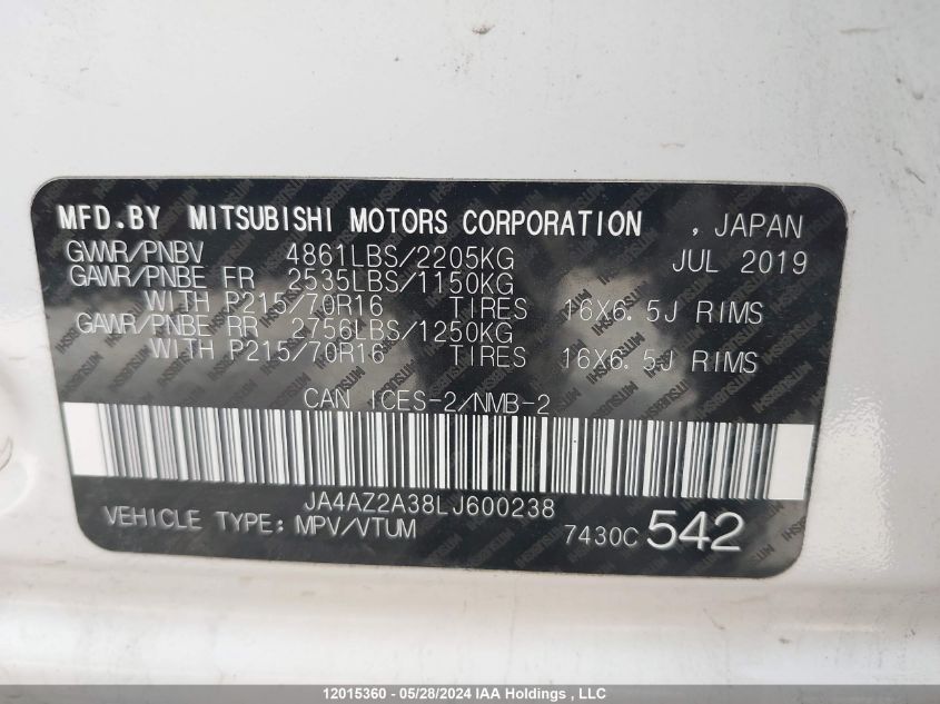 2020 Mitsubishi Outlander VIN: JA4AZ2A38LJ600238 Lot: 12015360