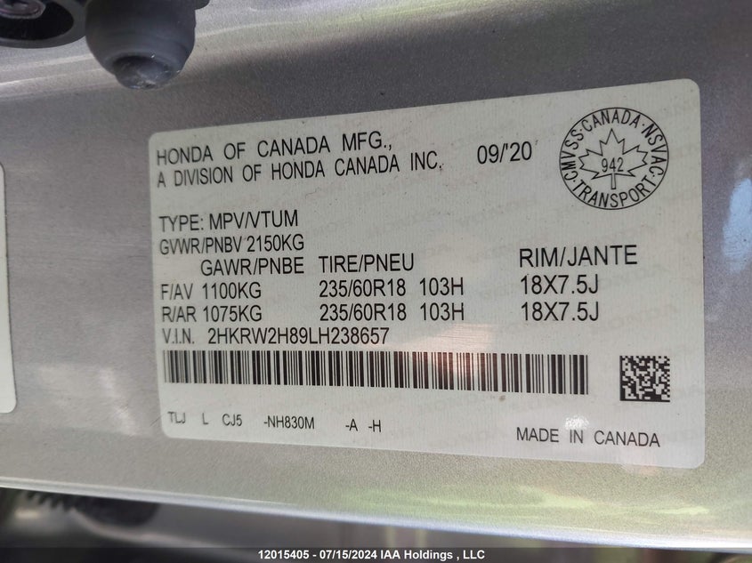 2020 Honda Cr-V VIN: 2HKRW2H89LH238657 Lot: 12015405