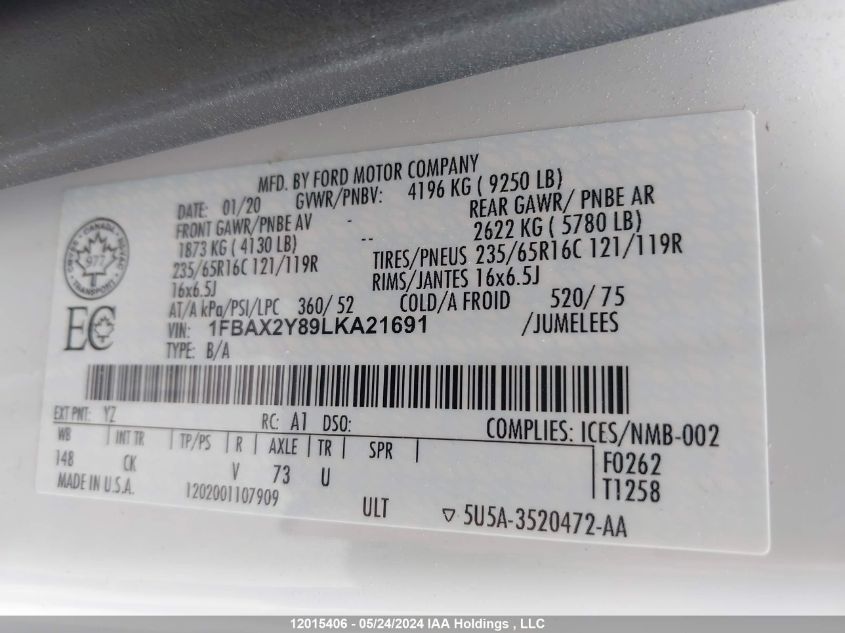 2020 Ford Transit T-350 VIN: 1FBAX2Y89LKA21691 Lot: 12015406