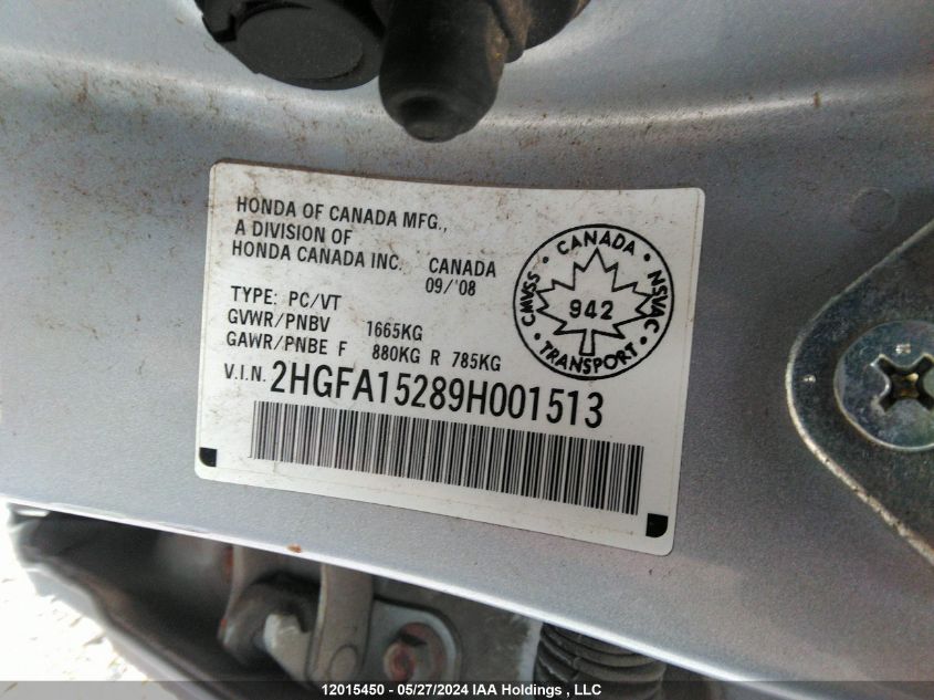 2009 Honda Civic Dx VIN: 2HGFA15289H001513 Lot: 12015450