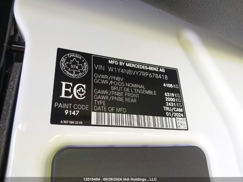 2024 Mercedes-Benz Sprinter Van VIN: W1Y4NBVY7RP678418 Lot: 12015454
