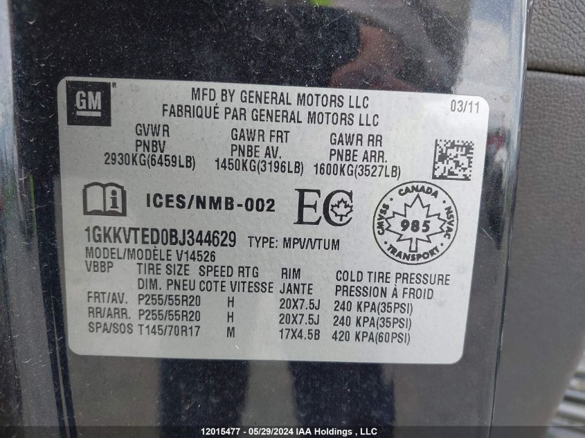 2011 GMC Acadia VIN: 1GKKVTED0BJ344629 Lot: 12015477