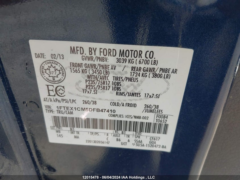 2013 Ford F150 Super Cab VIN: 1FTEX1CM5DFB47410 Lot: 12015478