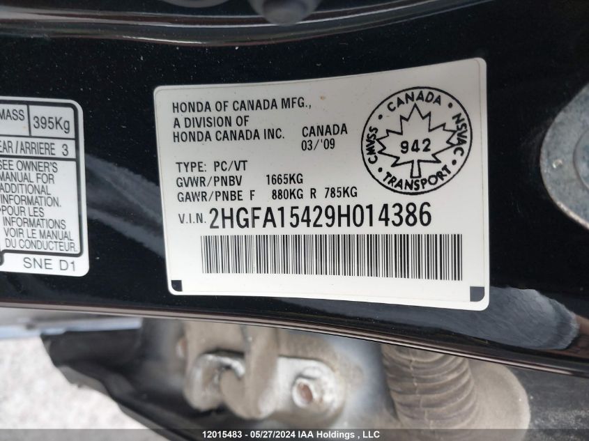 2009 Honda Civic Dx-G VIN: 2HGFA15429H014386 Lot: 12015483