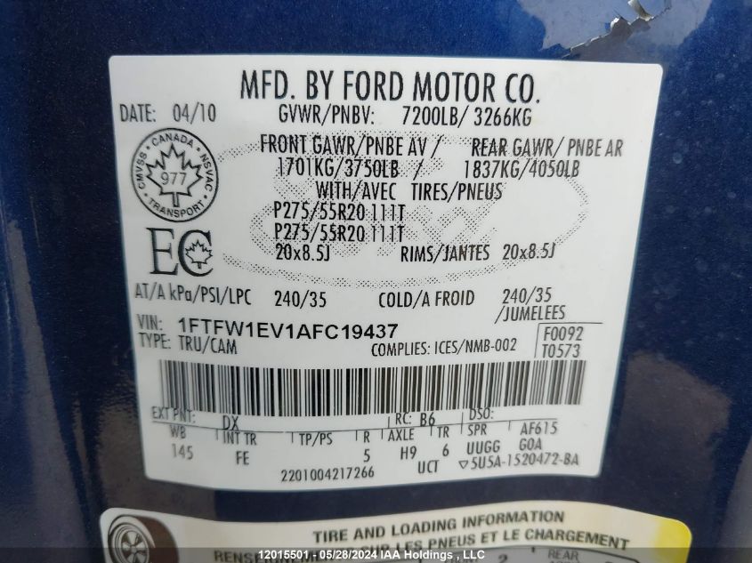 2010 Ford F-150 VIN: 1FTFW1EV1AFC19437 Lot: 12015501