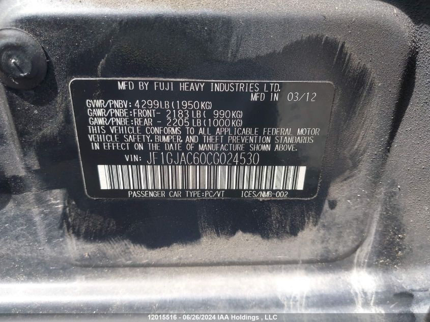 2012 Subaru Impreza VIN: JF1GJAC60CG024530 Lot: 12015516